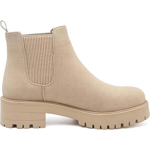 Girls Apricot Pull-On Fall Chelsea Boots Water-Resistant PU Ankle Heel Boots - Picture 2 of 7